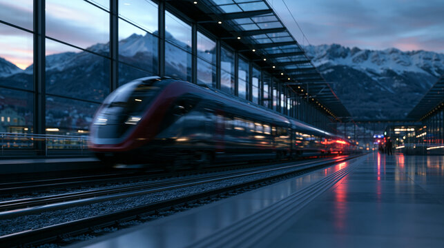 High Speed Train Moving Fast in Modern Mountain Station