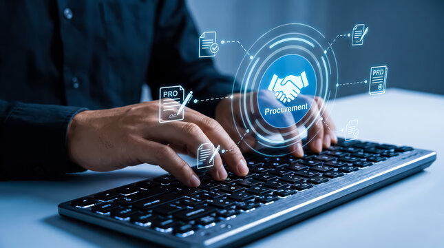Businessman using laptop with digital procurement icon interface hologram for business supply chain management and purchasing process