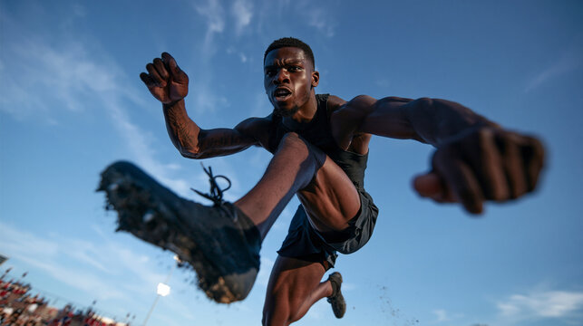 Male Athlete Clearing Hurdle During Track Competition