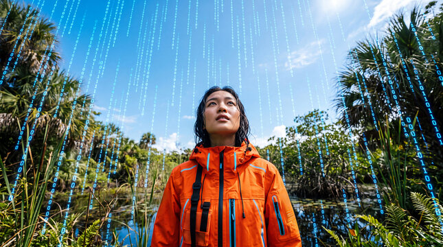 Woman Surrounded by Digital Binary Data in Nature