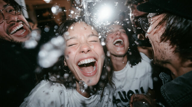Ecstatic Friends Laughing and Getting Splashed at Night Party