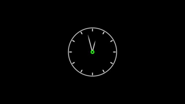 Minimalist analog wall clock face with moving hands on black background time running backwards flashback concept. Alpha channel included.