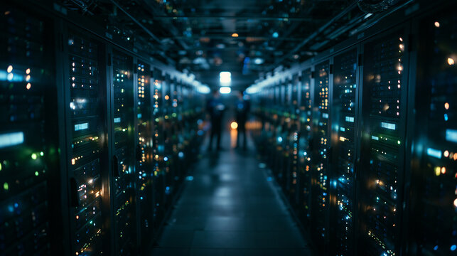 Data Center Corridor with Server Racks and Engineers