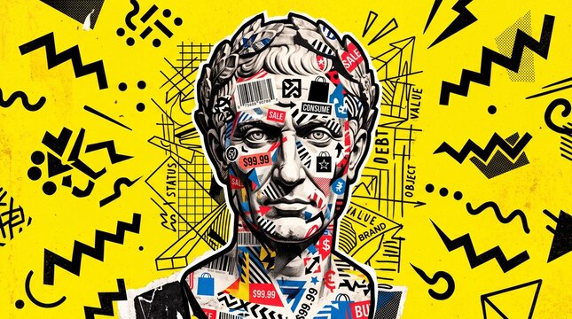 Pop Art Collage of Roman Bust with Consumerism Symbols