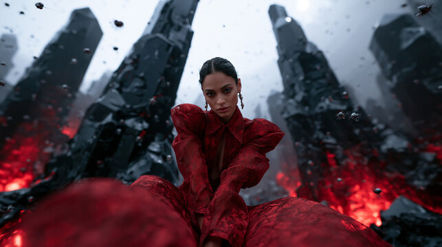 Fashion Model Wearing Dramatic Red Gown in Sci-Fi Landscape