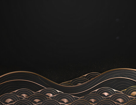 Black and metallic gold layered wave landscape background with copy space