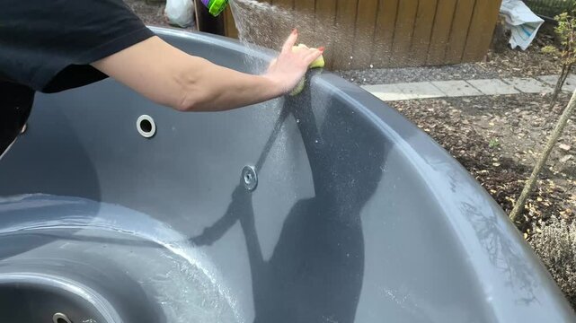 Female hand cleaning grey hot tub with sponge outdoors. Water sprays from hose nozzle washing plastic jacuzzi basin during maintenance service. Caretaker wipes inner surface keeping tub hygienic.