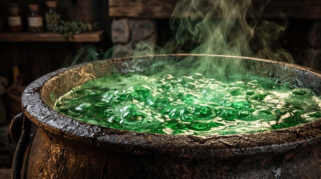 A bubbling cauldron filled with green liquid emits steam. The setting is rustic, with stone walls and wooden shelves in the background.