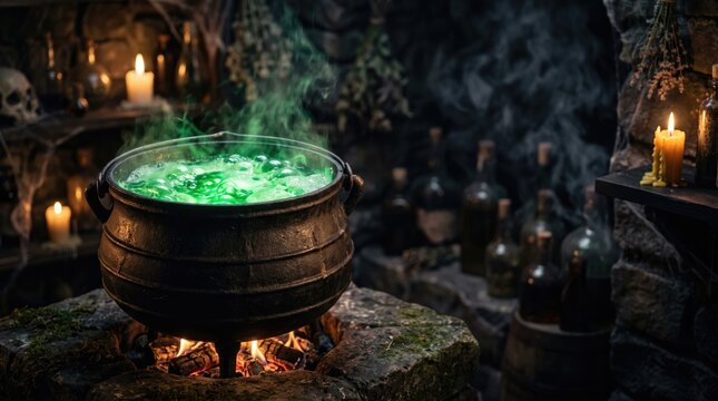 A dark, mystical scene featuring a bubbling cauldron with green liquid. Candles illuminate the surroundings, and glass bottles are arranged on shelves.