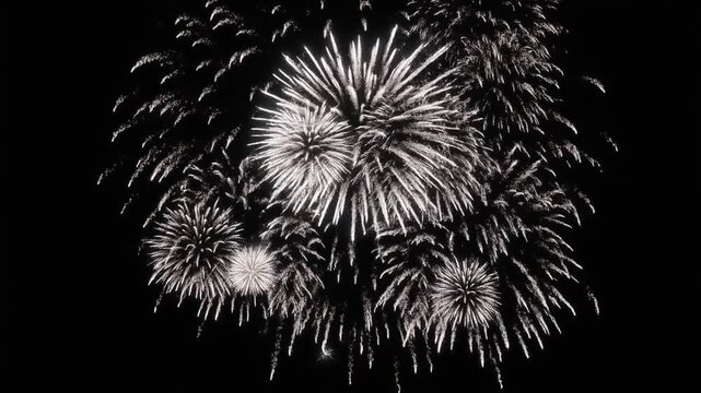 ホワイトシルバーの花火が夜空に開き火の粉が瞬く縦長の黒背景の連発花火と文字用の余白
