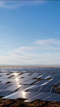 Wide aerial view of a solar farm with rows of photovoltaic panels under a partly cloudy sky and distant horizon renewable energy solar