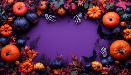 Fototapeta premium Halloween flat lay background with pumpkins and skeleton hands