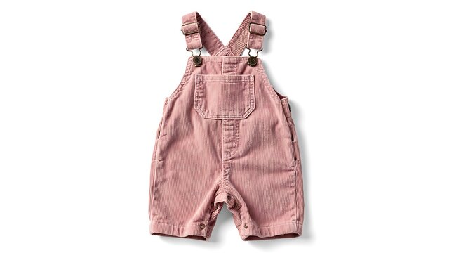 Pink baby short overalls laid flat white background.