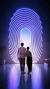 Couple walking through glowing fingerprint shaped doorway. Concept of trusted access, shared digital services, protected accounts, and secure online identity.