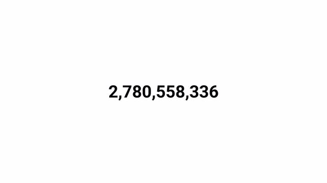 Number counter animation from 0 to 5,000,000,000 on transparent background, Animated counting numbers count up to five billion for likes, views & amount concepts.
