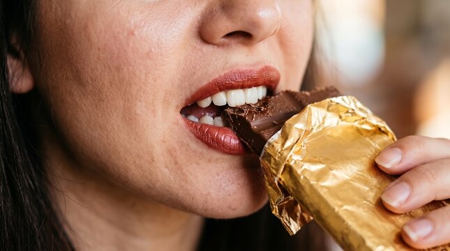 Close-up of a person's mouth biting into a delicious chocolate bar, savoring the rich, sweet taste as a moment of pure indulgence and satisfaction
