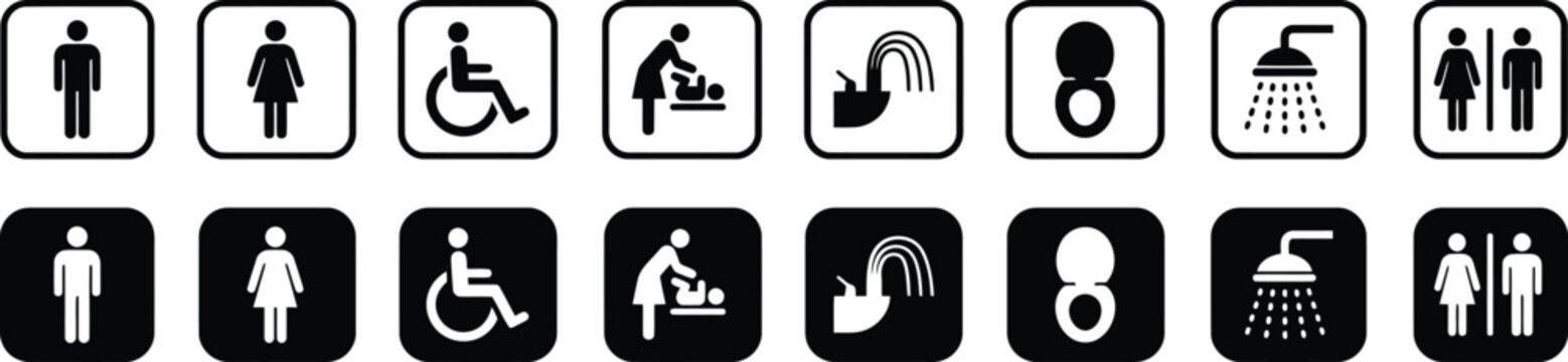 Public restroom icons set, black and white bathroom signage vectors, universal toilet symbols for wayfinding, 16 minimalist washroom pictograms