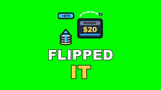 4K green screen FLIPPED IT animated text - the buy card spinning round to the sell price, kinetic typography auction and resale overlay for selling content and social media, chroma key