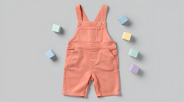 Pastel pink baby overalls with colorful wooden blocks.