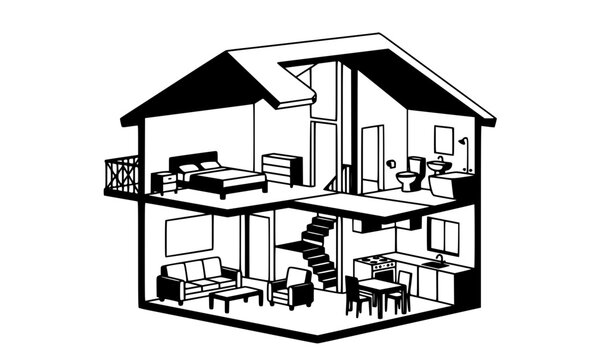 Black and white cutaway family house vector illustration showing minimalist interior rooms and architecture