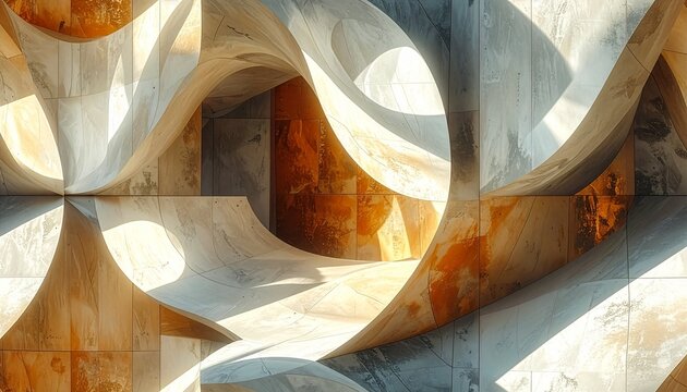 abstract pattern composed of overlapping geometric surfaces casting complex repeating shadows