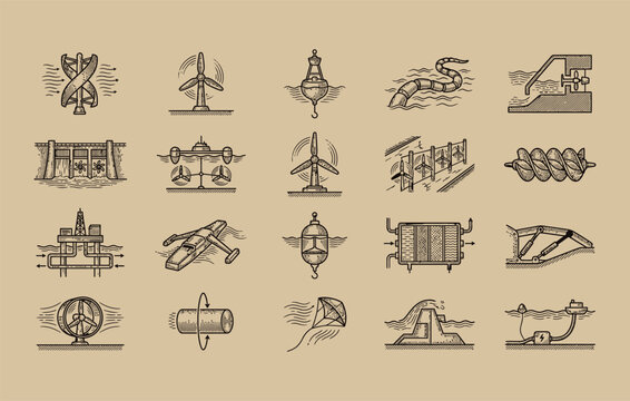 Harvesting green offshore electricity using vintage engraved line art of tidal barrage platform ocean thermal energy conversion and submerged surge converter