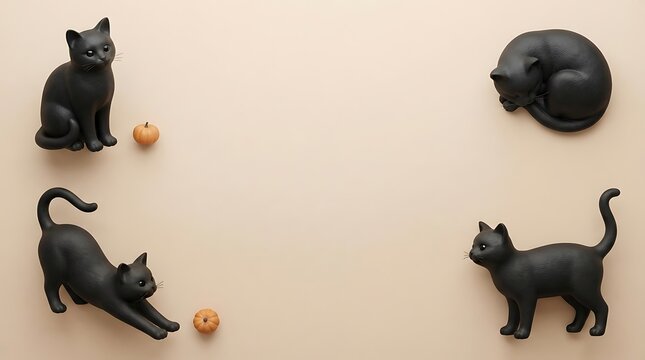 This captivating image showcases a delightful arrangement of four black cat figurines evoking the spirit of halloween and the mystique associated with these enchanting creatures