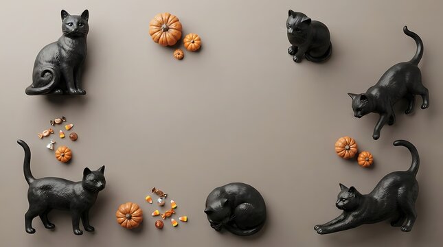 A delightful halloween arrangement featuring charming black cat figurines and miniature pumpkins creating a spooky yet inviting atmosphere for the autumn season and festivities