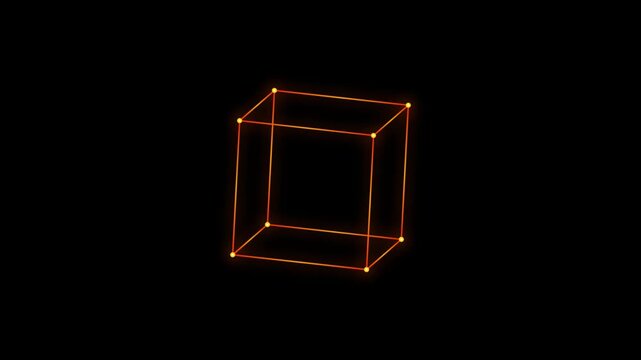 Motion graphics animation of a rotating wireframe cube on dark modern background with neon glow for broadcast commercial, corporate promo, and marketing video