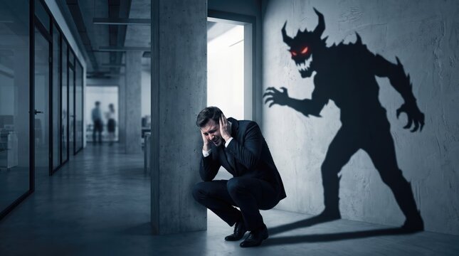 A chilling scene depicts a terrified individual confronted by a monstrous shadowy figure in a long eerie hallway evoking intense fear and