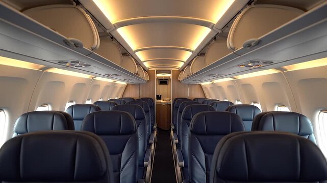 Empty Airplane Cabin Interior with Rows of Seats and Overhead Compartments.