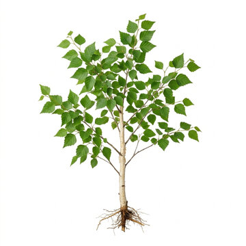 Young Canoe Birch Tree Sapling With Distinct Triangulated Green Leaves And Slender Stem Isolated On White Solid Background, Beautiful Paper Birch Plant For Forest Conservation Themes
