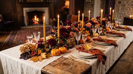 Obraz premium Elegant Candlelit Thanksgiving Dinner Table Garland with Flowers, Pumpkins, and Fireplace