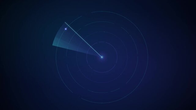 A futuristic digital radar scanning interface featuring concentric rings, a rotating scan beam, glowing central energy node, and responsive target detection on a deep navy background.