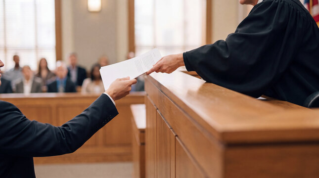 A lawyer hands documents to the judge at the bench during a courtroom trial, while jury members watch from behind. Concept of legal proceedings, evidence submission, and the justice system.
