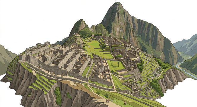 3D Isometric Machu Picchu Architecture Illustration Vector for Ancient Inca World Heritage Site