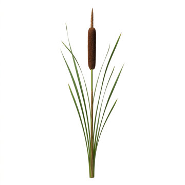 Tall Wild Cattail Reed Plant With Distinct Brown Seed Head And Slender Green Leaves Isolated On White Solid Background, Ideal For Wetland Environment Graphics And Pond Design Elements
