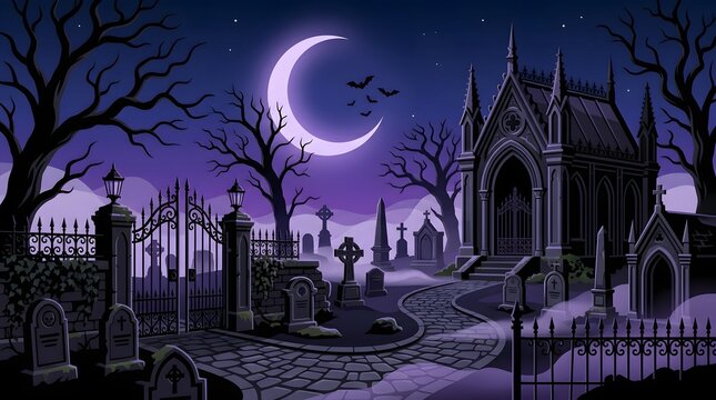 Spooky pixel art graveyard scene with a large crescent moon and gothic mausoleum under a dark purple night sky