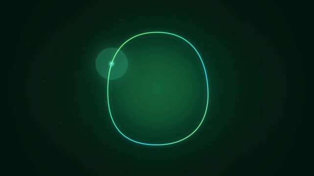 An abstract, futuristic digital frame shaped as an organic neon capsule on a dark green background, featuring a glowing energy light traversing its perimeter.