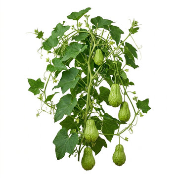 Climbing Chayote Plant With Hanging Green Gourd Fruits And Lush Vines Isolated On White Solid Background, Great For Agricultural Designs, Vegetable Farming, And Cooking Themes
