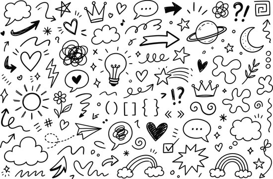 Collection of hand drawn doodles and sketches on a white background featuring stars clouds and abstract shapes