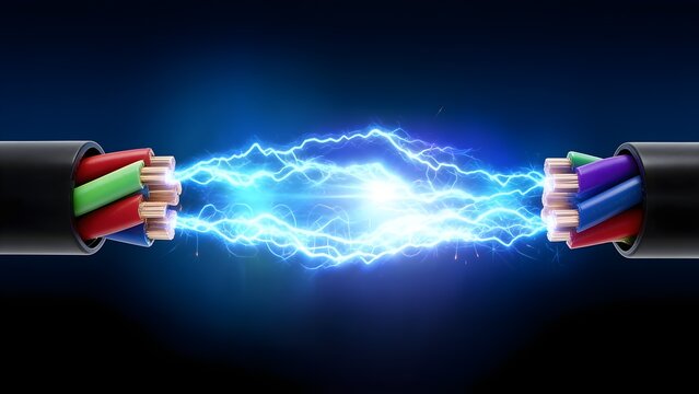 Bright electric arc jumping between two severed multi colored cables