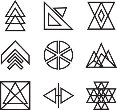 Assorted geometric triangle icons featuring circles, squares, arrows, and symmetrical polyhedral on white background