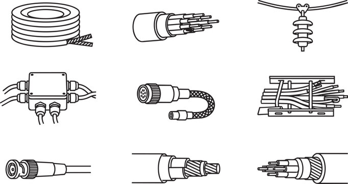 Collection of black and white line icons depicting electrical cables, wire bundles, insulators, junction boxes, and various cable connectors