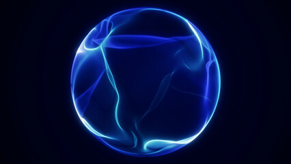 Glowing blue and cyan translucent energy sphere floats on a dark background, creating polished futuristic motion visuals for AI, technology and sci-fi design. © Aksver
