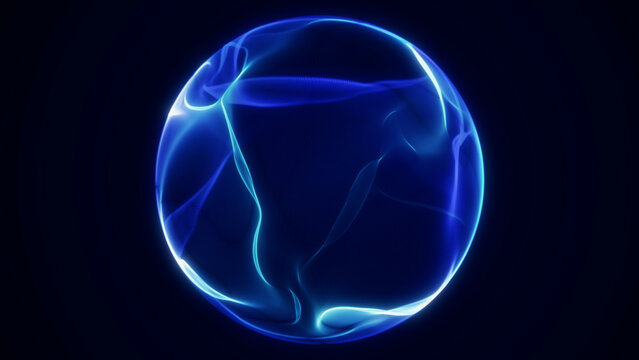 Glowing blue and cyan translucent energy sphere floats on a dark background, creating polished futuristic motion visuals for AI, technology and sci-fi design.