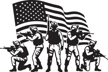 Fototapeta premium Military soldier silhouette with American flag, patriotic army infantry vector, black and white tactical troops illustration