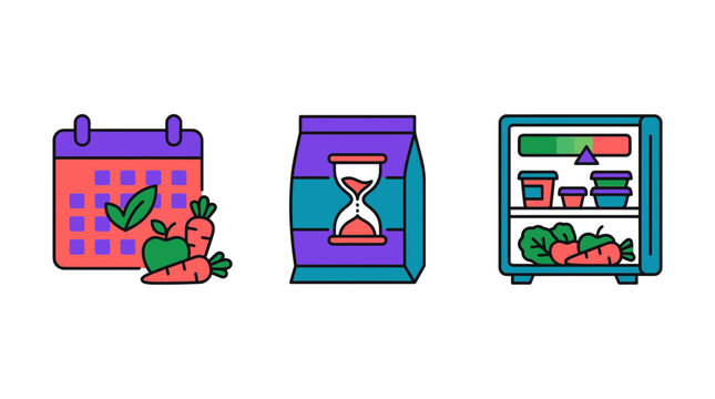 Food planning and storage vector icon set featuring calendar with vegetables hourglass packet and open refrigerator full of groceries