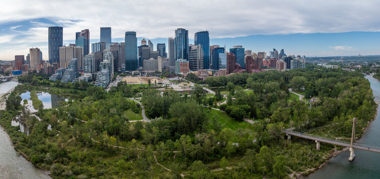 180&deg; panoramic aerial view of Downtown Calgary ( Alberta, Canada) with Prince&rsquo;s Island Park and Bow River in front and with Skyline and many skyscrapers build next to each other in the background  