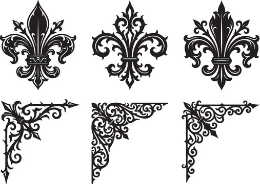 Vintage fleur de lis and ornamental corner set. Heraldic lily symbols and baroque filigree borders. Black vector heraldry icons.